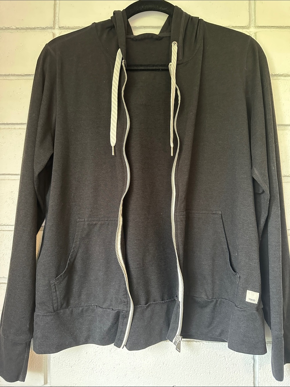 Vuori Charcoal Zip Hoodie with White Drawstrings